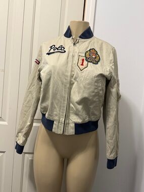 Polo by Ralph Lauren Cream Bomber Jacket with Navy Trim and Crest Patches